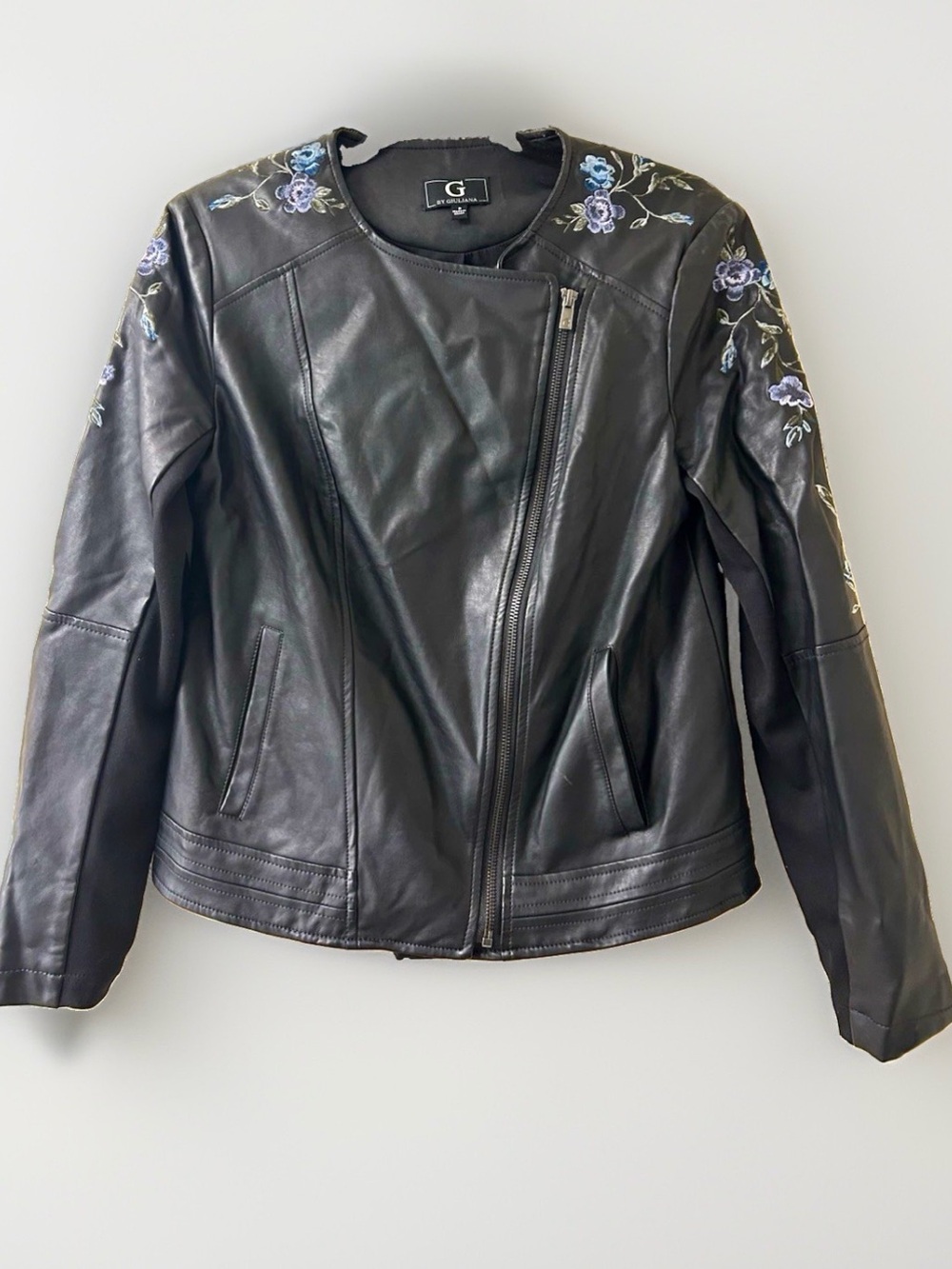 G by Giuliana Black Leather Moto Jacket with Purple & Blue Floral Embroidery Sm